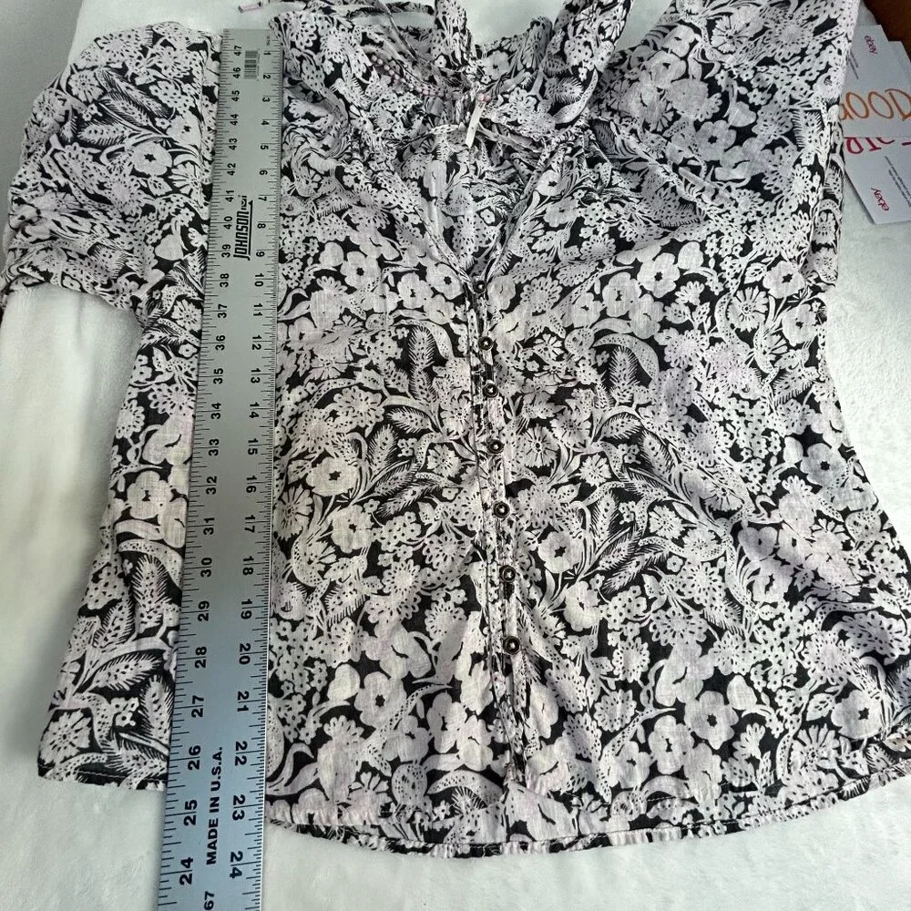 By Anthropologie Button Up Peasant Blouse Small Black Floral Puff Sleeve V-Neck